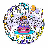 Happy Birthday Cute Doodle Illustration with Hand Drawn Colorful Symbols.