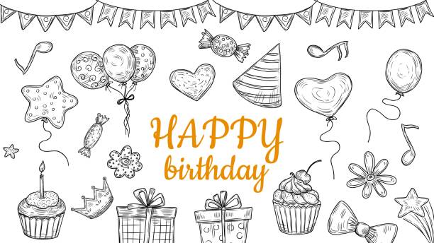 Happy birthday elements. Sketch party banner, festive signs. Balloons gifts garlands and cakes, drawing candies vector background Happy birthday elements. Sketch party banner, festive signs. Balloons gifts garlands and cakes, drawing candies vector background. Illustration sketch doodle, gift festive and celebrate anniversary drawings stock illustrations