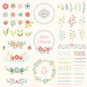 Floral design set. Vector collection with spring and summer elements, flowers, wreaths, branches, frames, borders, butterflies, pattern brushes. Good for spring and summer greeting cards, birthday cards, wedding invitations, sale badges and scrapbook.