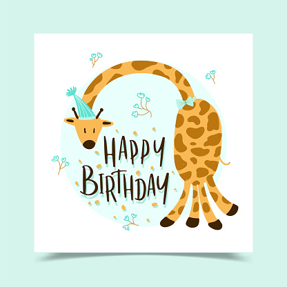 Happy birthday greeting card decorated with giraffe wearing a christmas hat