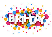 Happy Birthday greeting card design with paper cut letters and colorful confetti on white background. Vector illustration