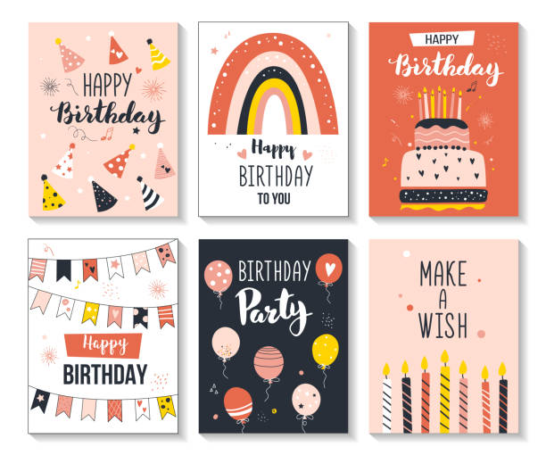 Happy birthday greeting cards. Happy birthday greeting card and party invitation set, vector illustration, hand drawn style. birthday drawings stock illustrations