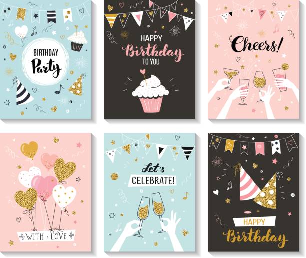 Happy birthday greeting cards. Happy birthday greeting card and party invitation templates, vector illustration, hand drawn style anniversary drawings stock illustrations