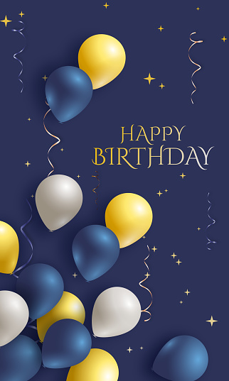 Happy Birthday holiday blue design for greeting cards with blue, white and yellow balloons