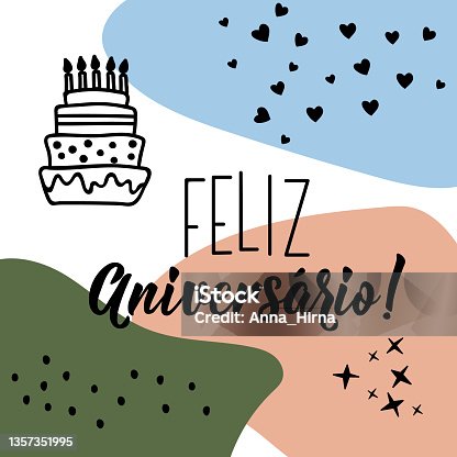 istock Happy Birthday in Portuguese. Ink illustration with hand-drawn lettering. Feliz Aniversario. Social media stories and post creative vector 1357351995