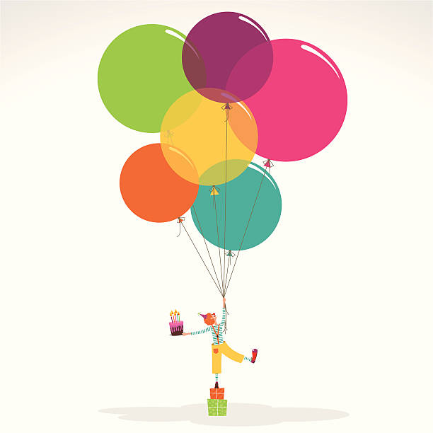 Happy birthday invitation clown with ballons cake vector art illustration