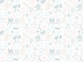 Happy Birthday lettering thin line seamless pattern festive background. Congratulations wishes vector illustration. B-day party kids boys girls clipart. Anniversary celebration greeting card template