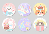 Just a gift for you with cute animal friends in soft pastel color. Set of circle gift tag, badge, button pin. Lovely funny cute. Vector illustration.