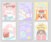 Say Happy Birthday with cute animal friends in soft pastel color. Set of rectangle gift tag, card, postcard. Lovely funny cute. Vector illustration.