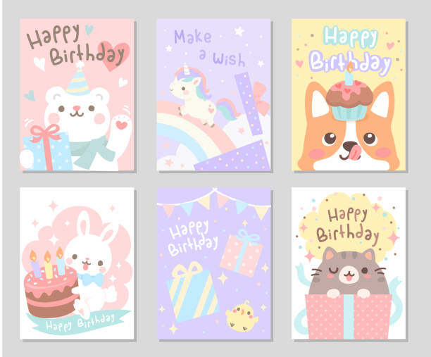 Happy Birthday Little Friends set - Rectangle Say Happy Birthday with cute animal friends in soft pastel color. Set of rectangle gift tag, card, postcard. Lovely funny cute. Vector illustration. happy birthday cat stock illustrations