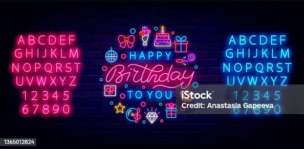 istock Happy birthday neon lettering with circle template. Blue and pink alphabet. Greeting card. Vector stock illustration 1365012824