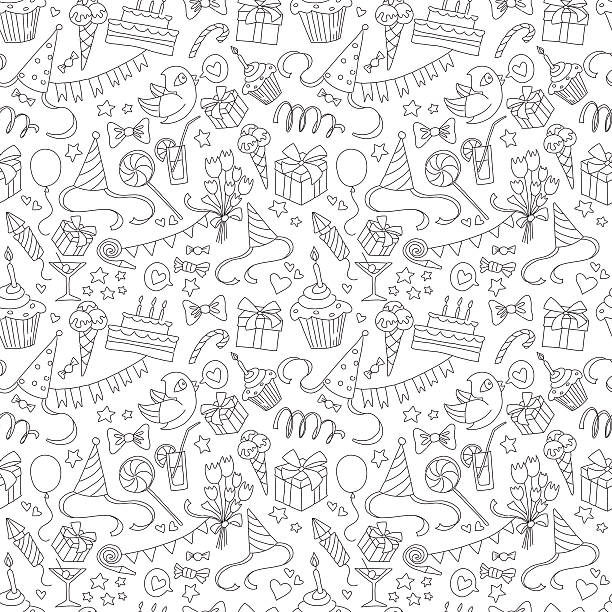 Happy birthday party doodle black and white seamless pattern Vector illustration Happy birthday party doodle black and white seamless pattern birthday designs stock illustrations