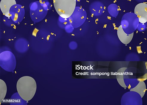 istock Happy Birthday Text With Golden Confetti Falling and Glitter Particles, Colorful Flying Balloons Seamless Loop Animation for Greeting, Invitation card, Party, celebration, Ribbon Shiny Poster. Multi colored Anniversary Illustration. 1414882463