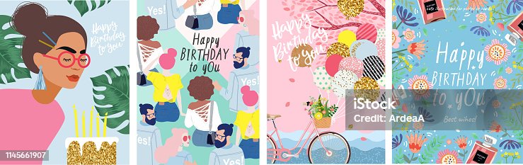 istock Happy Birthday to You! Cute vector illustration of a woman with flowers, a bicycle with balloons, young people and a floral frame for a poster, card, flyer or banner 1145661907