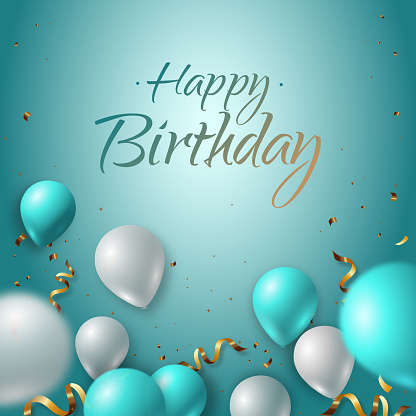 Happy Birthday turquoise invitation card with balloons and confetti. Template for birthday celebration
