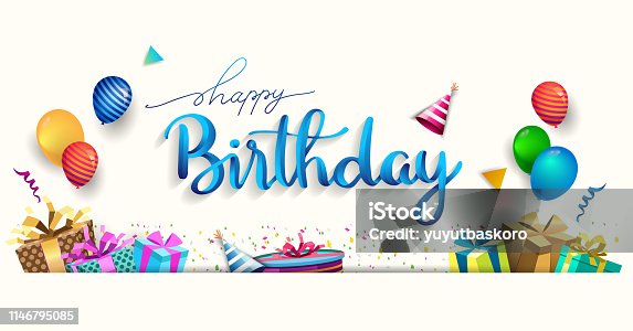 istock Happy Birthday typography vector design for greeting cards and poster with balloon, confetti and gift box, design template for birthday celebration. 1146795085