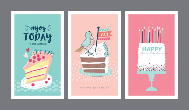 Happy Birthday Set of birthday greeting cards design birthday cake stock illustrations
