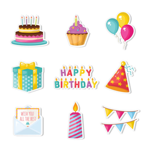 happy birthday icon set birthday cake stock illustrations