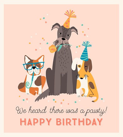 Happy Birthday. Vector illustration with cute dogs