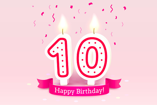 Happy Birthday years. 10 anniversary of the birthday, Candle in the form of numbers. Vector