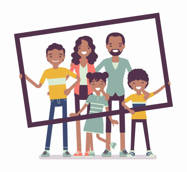 Happy black family portrait Happy black family portrait. Father, mother, son and daughter, teen posing in one picture frame together. Positive friendly smiling people in love, home harmony. Vector flat style cartoon illustration family borders stock illustrations