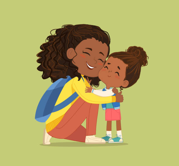 Happy black skin mother hugging cute little daughter enjoying happy motherhood vector illustration Happy black skin mother hugging cute little daughter enjoying happy motherhood vector flat illustration. Smiling baby girl embracing caring mom feeling love pleasant childhood spending time together african american mothers day stock illustrations