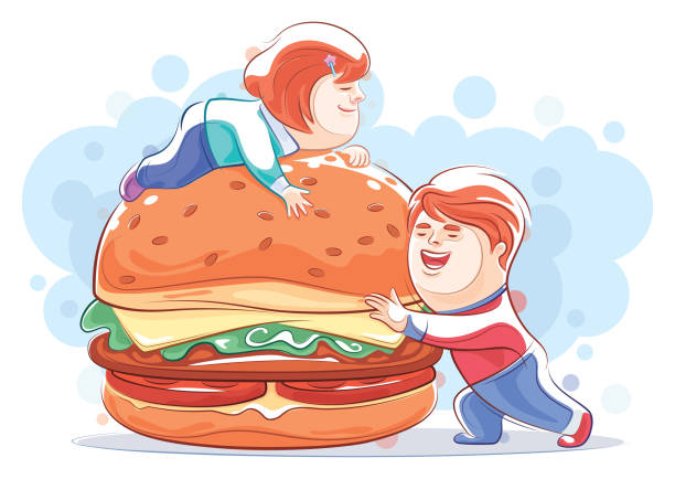 happy boy and girl holding big burger vector illustration of happy boy and girl holding big burger big fat girl drawing stock illustrations