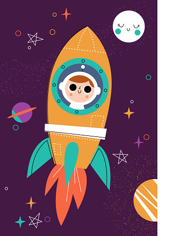 Happy boy flying in rocket. Journey to space. Children textile, T-shirt print, poster.