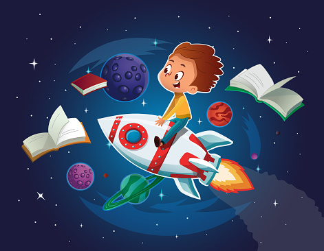 Happy Boy playing and imagine himself in space driving an toy space rocket. Books, planets, rocket and stars in a background. Vector cartoon illustration.