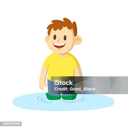 istock Happy boy standing knee-deep in a puddle, cartoon character design. Flat vector illustration, isolated on white background. 1218707595