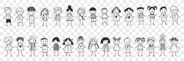 Happy boys and girls doodle set Happy boys and girls doodle set. Collection of hand drawn various smiling children boys and girls standing and feeling cheerful isolated on transparent background family drawings stock illustrations