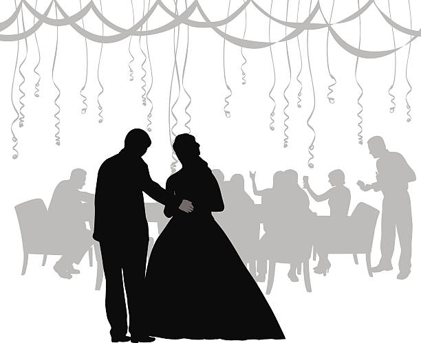 Happy Bride And Groom A vector silhouette illustration of a bride and groom.  The groom in a suit takes the arm of the bride wearing a large gown.  In the background are party guests at a table toasting below streamers and decorations. wedding silhouettes stock illustrations