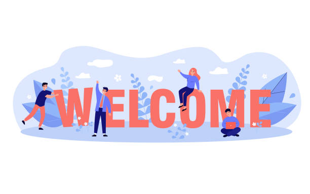 Happy business team welcoming new person to their company Happy business team welcoming new person to their company. Tiny people making greeting gesture and constructing word. Vector illustration for office welcome party, celebration concept greeting stock illustrations