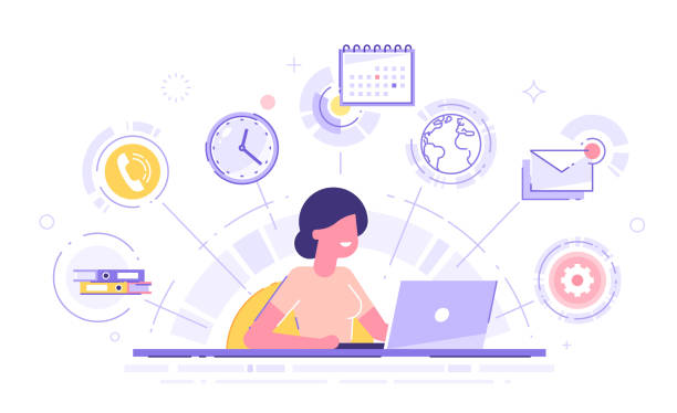 Happy business woman with multitasking skills sitting at his laptop with office icons on a background. Freelance worker. Multitasking, time management and productivity concept. Vector illustration. business efficiency stock illustrations