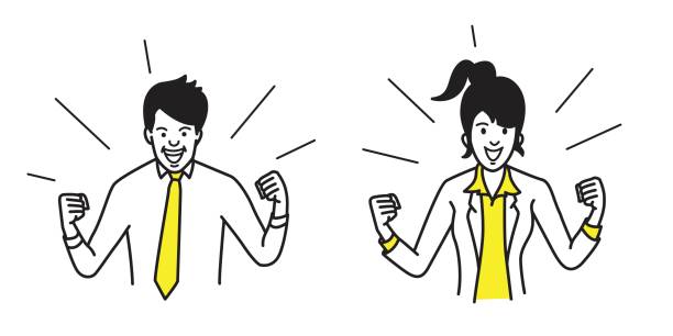 Happy businessman and woman holding fist Happy and ecstastic businessman and businesswoman, holding fists both side, in concept of winning, success, celebrating, excited. Outline, contour, line, art, doodle, hand drawn, sketch, cartoon, simple design. cheerful illustrations stock illustrations
