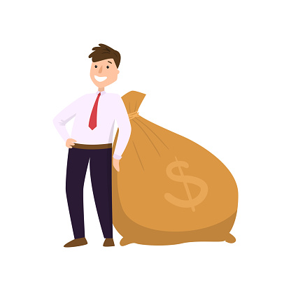 Happy businessman in suit standing near big heavy bag with dollar sign