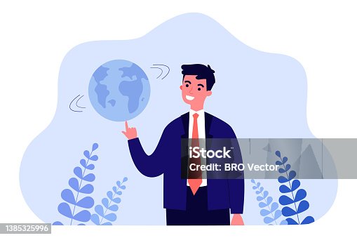 istock Happy businessman or boss spinning globe on finger 1385325996