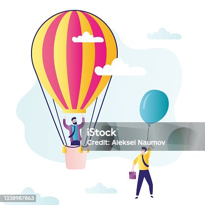 istock Happy businessman overtakes competitor. Entrepreneur in big hot air balloon flies higher 1338987863