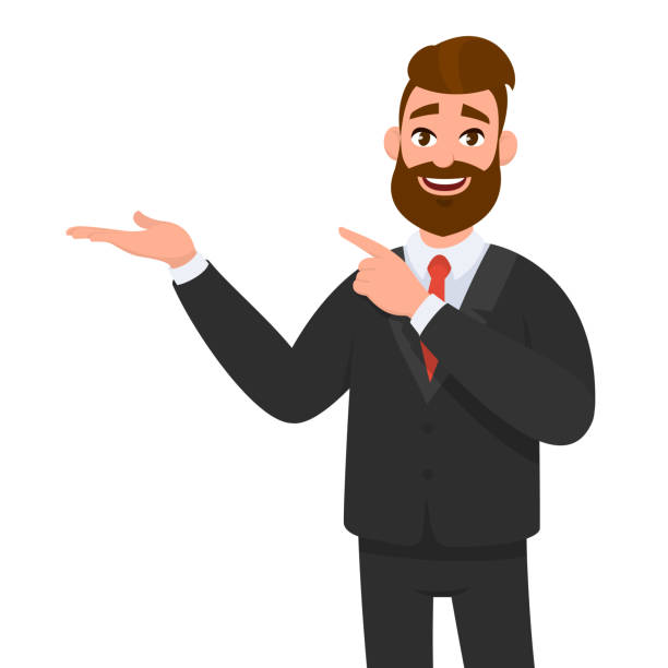 ilustrações de stock, clip art, desenhos animados e ícones de happy businessman showing hand gesture copy space to present or introduce something and pointing index finger. presentation, advertisement, introduce concept illustration in vector cartoon style. - man pointing