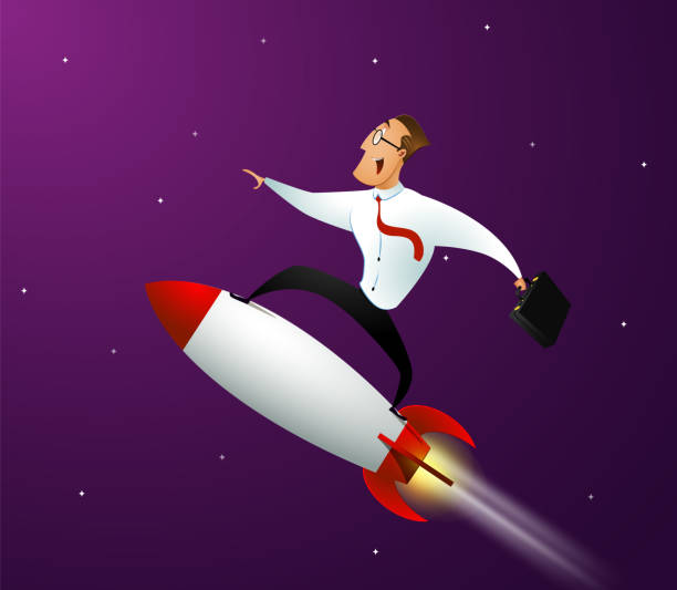 Happy businessman standing on rocket ship vector art illustration