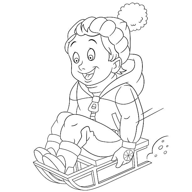 счастливый мультяшный мальчик на санях - happy new year stock illustrations