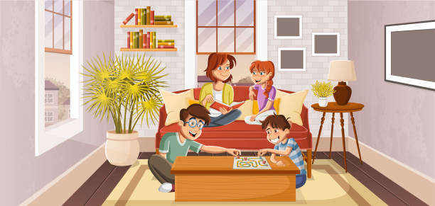 ilustrações de stock, clip art, desenhos animados e ícones de happy cartoon family in the living room. - her happy place is with her team