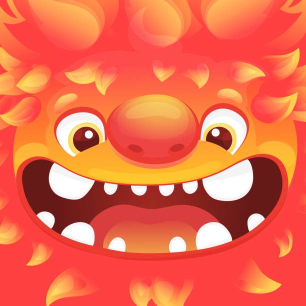 ilustrações de stock, clip art, desenhos animados e ícones de happy cartoon fire monster - square avatar with funny alien character with flame skin - dragões olho