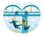 istock Happy characters is bungee jumping from a bridge 1307956132