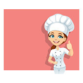 Vector illustration of a happy chef woman with thumbs up.