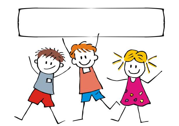 Happy children and banner, three cheerful kids on white background, vector funny illustration Happy children and banner, three cheerful kids on white background, vector funny illustration. Colorful hand-drawn postcard with inscription. Creative object. Back to school, welcome to school, summer holiday, hello holidays. dancing borders stock illustrations