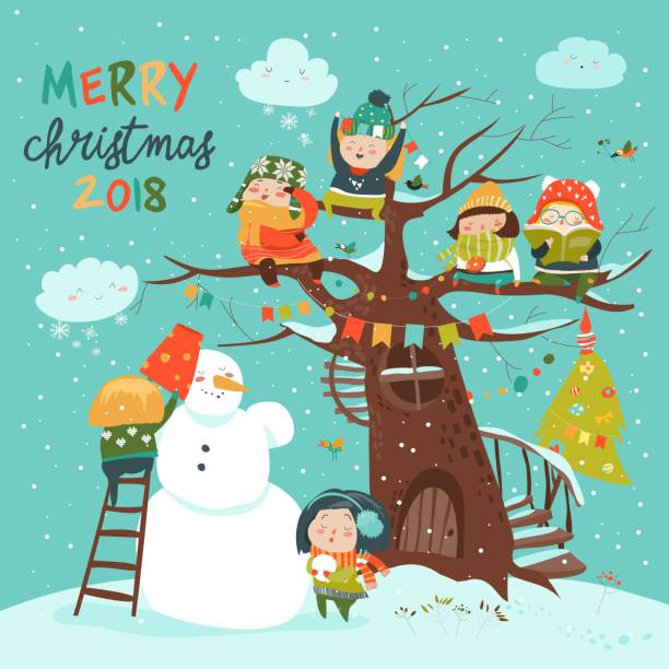 ilustrações de stock, clip art, desenhos animados e ícones de happy children celebrating christmas - kid reading outside