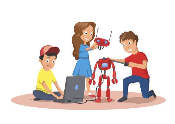 счастливые дети, создающие и программируя робота. детский клуб робототехники. иллюстрация вектора мультфильма изолирована на белом фоне. - robot hand white background stock illustrations