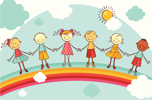 Happy children holding hands on rainbow