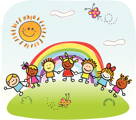 happy children holding hands,  playing outside spring,summer nature cartoon